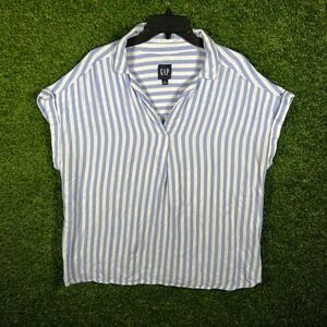 GAP Womens XL Blue White Striped Split Neck Cuffed Short Sleeve Blouse‎ Top